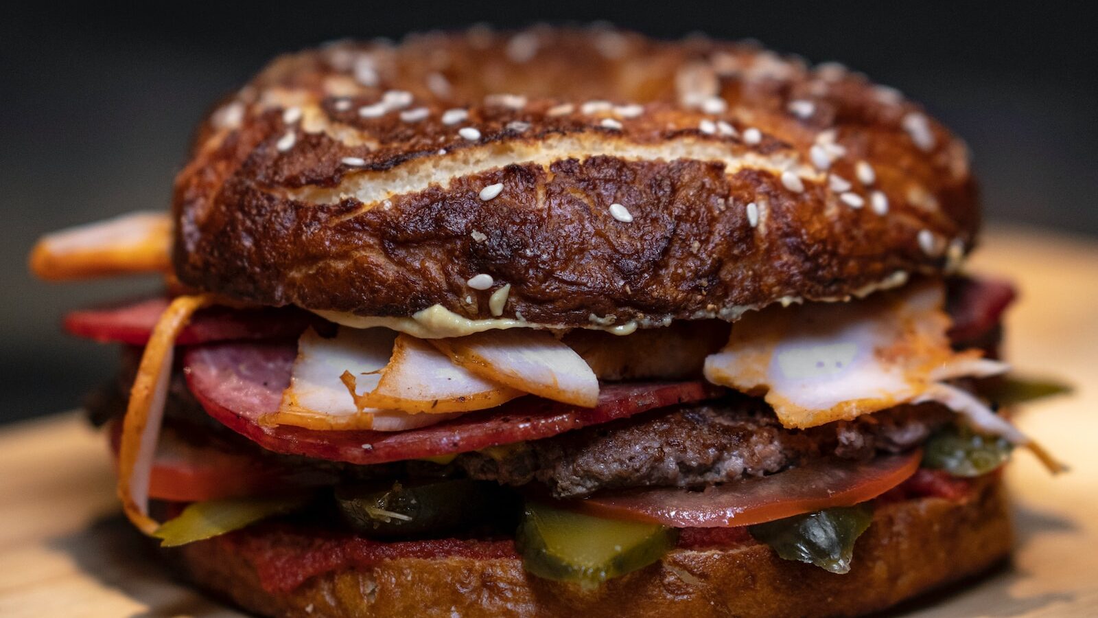 burger on brown surface